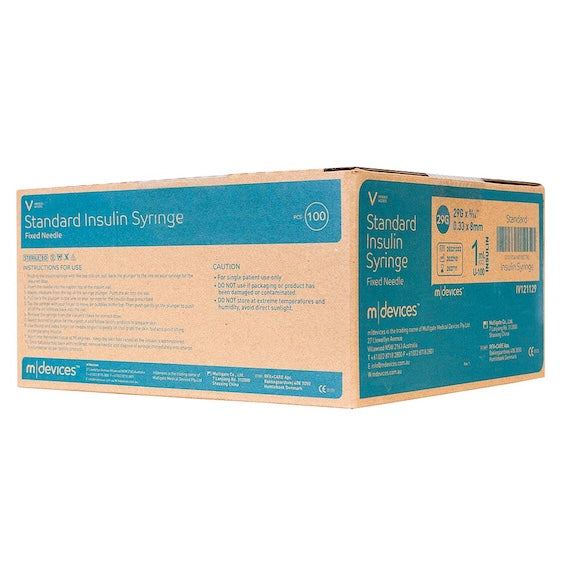 Insulin Syringe with Fixed Needle, Box of 100 - 27G x 13mm