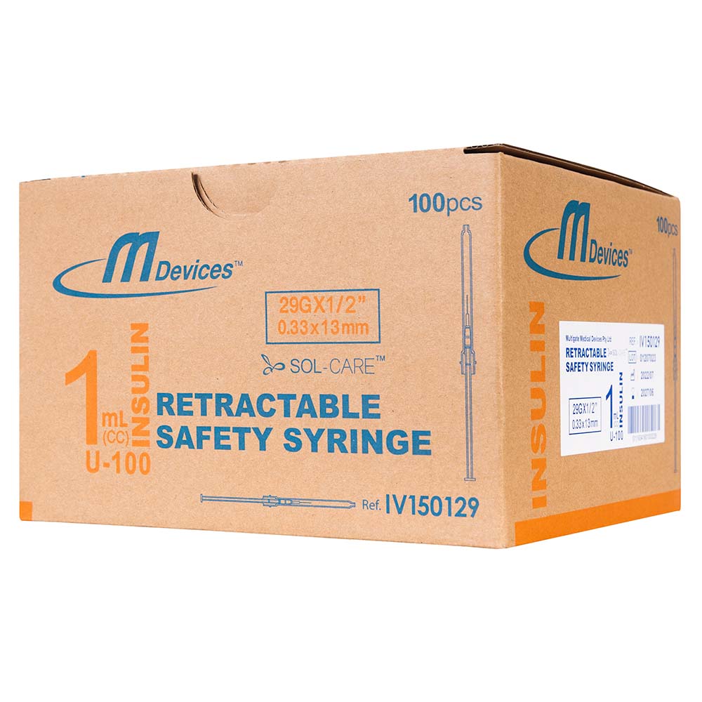 Insulin Syringe with Retractable Safety Needle, Box of 100 - 29G x 13mm